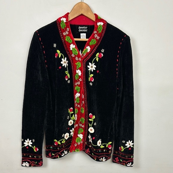 Vintage Chenille Holiday Decor Beaded Embroidered Christmas Cardigan Sz L - Picture 1 of 12